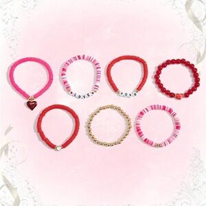 Set of 7 bracelets XOXO Love red pink gold white hearts 7 inch stretchy NEW NWT